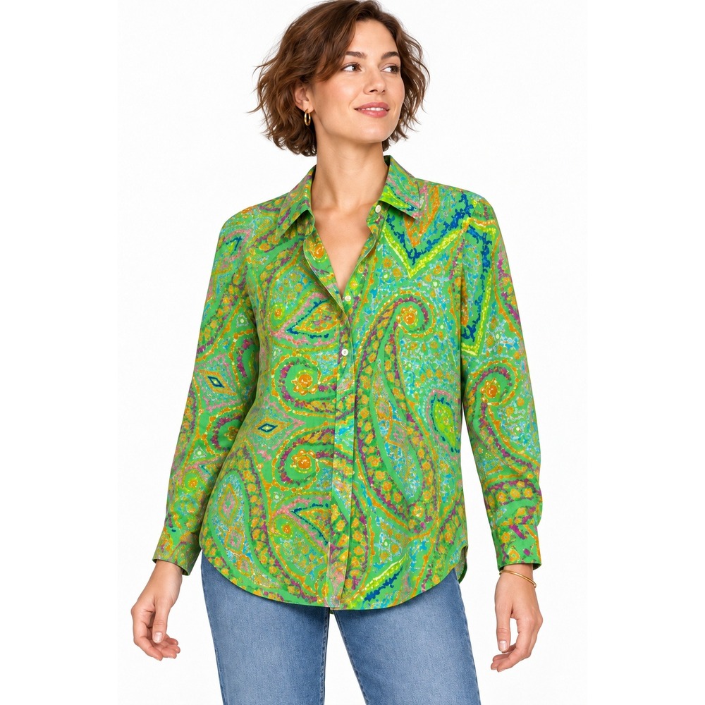 Lauren Ralph Lauren Paisley Button Down Shirt M Green Cotton Boho Preppy
